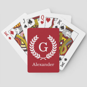 Jeu De Cartes Cranberry Red White Laurel Wreath Initial Monogram