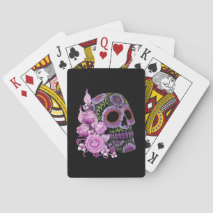 Jeu De Cartes Crâne de sucre rose floral noir Jour des morts