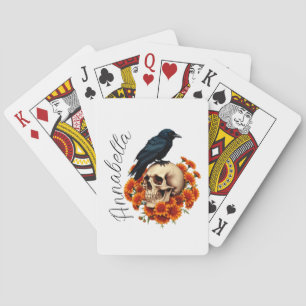 Jeu De Cartes Crâne Floral et Nom Personnalisé Corbeau