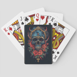 Jeu De Cartes Crâne gothique bleu avec Rose et couronne or