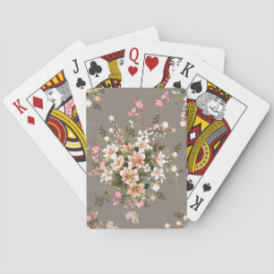 Jeu De Cartes Crème, fleurs roses sur gris.