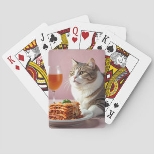 Jeu De Cartes Cute Gray Chat avec Lasagne et Verre à Vin