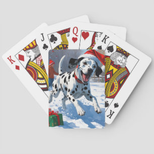 Jeu De Cartes Dalmatien courant dans la neige avec un chapeau de