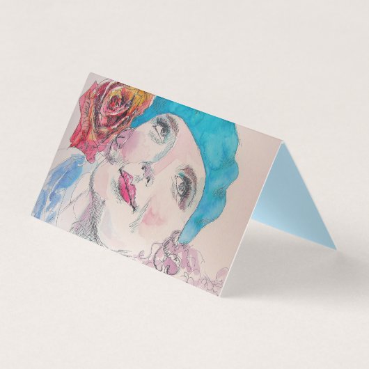 Jeu de cartes d'aquarelle de fille avec Rose Rouge (Front)