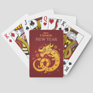 Jeu De Cartes Dragon chinois de couleur or du Nouvel An sur roug