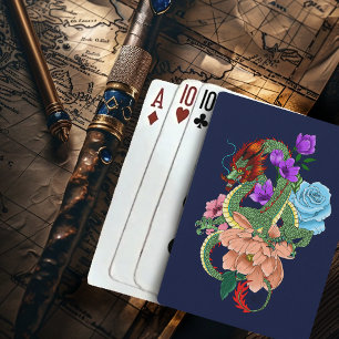 Jeu De Cartes Dragon Chinois Fleurs Bleu Marine