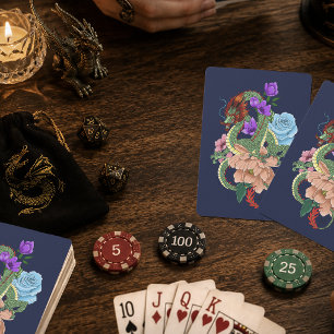 Jeu De Cartes Dragon Chinois Vert Mystique Floral Bleu Marine