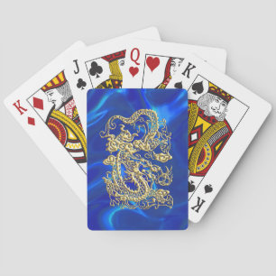 Jeu De Cartes Dragon d'or embouti sur papier satin bleu