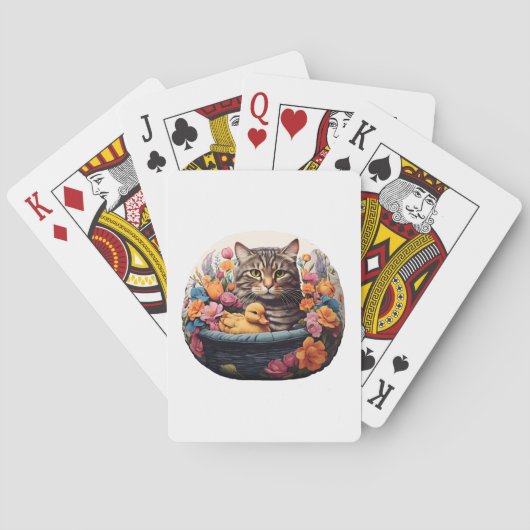 Jeu De Cartes Drôle Chat & Canard Dans Un Panier Avec Fleurs (dos)