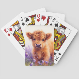 Jeu De Cartes Écossais Highland Vache Calf Violet Fleurs sauvage