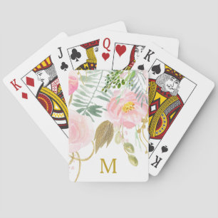 Jeu De Cartes Elégant aquarelle Floral or Monogramme