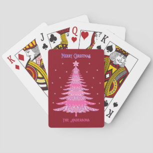 Jeu De Cartes Élégant arbre de Noël rose Nom personnalisé Rouge