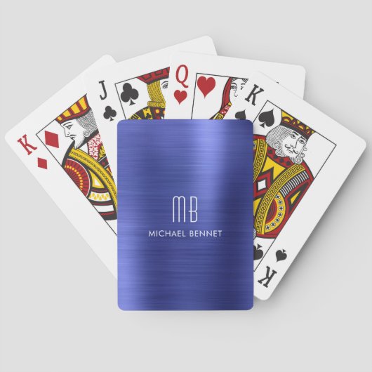 Jeu De Cartes Élégant bleu brossé nom du monogramme métallique (dos)