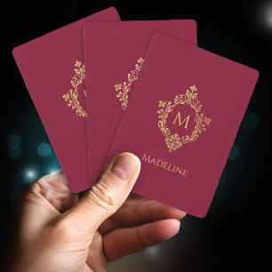 Jeu De Cartes Élégant Burgundy Monogramme Crête Dorée Fausse Vin