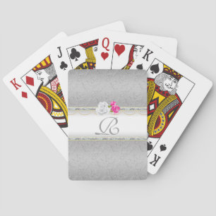 Jeu De Cartes Élégant Damas argenté et monogramme rose