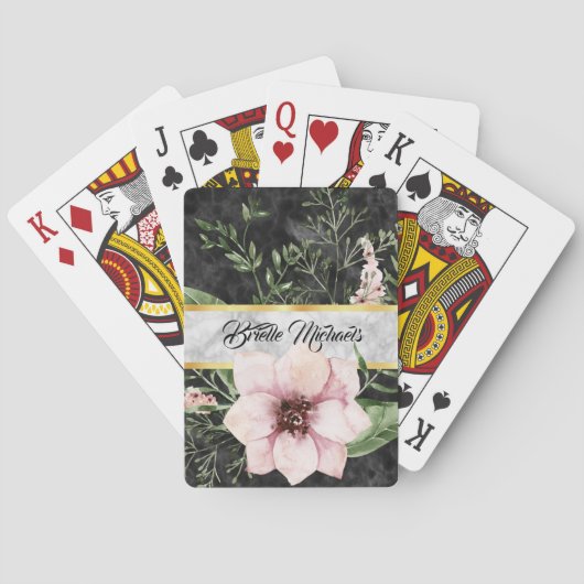 Jeu De Cartes Élégant Marbre Noir Rose Floral Avec Nom (dos)