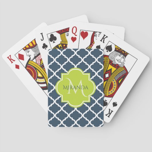 Jeu De Cartes Élégant monogramme Marine Quatrefoil vert et nom (dos)