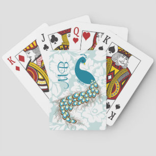 Jeu De Cartes Élégant Monogramme moderne Damask Peacock