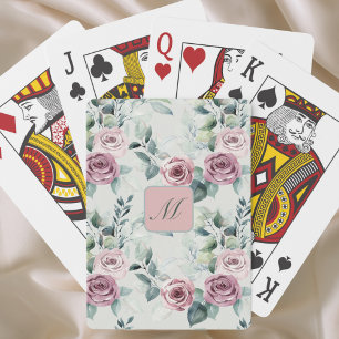 Jeu De Cartes Élégant Monogramme rose rose Vintage Floral
