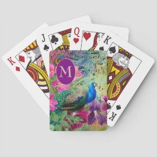 Jeu De Cartes Élégant Monogramme Vintage Bleu Paon Vert