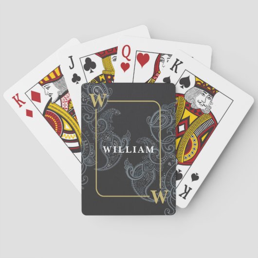 Jeu De Cartes Élégant Nom Initial Monogramme Paisley Noir Or (dos)