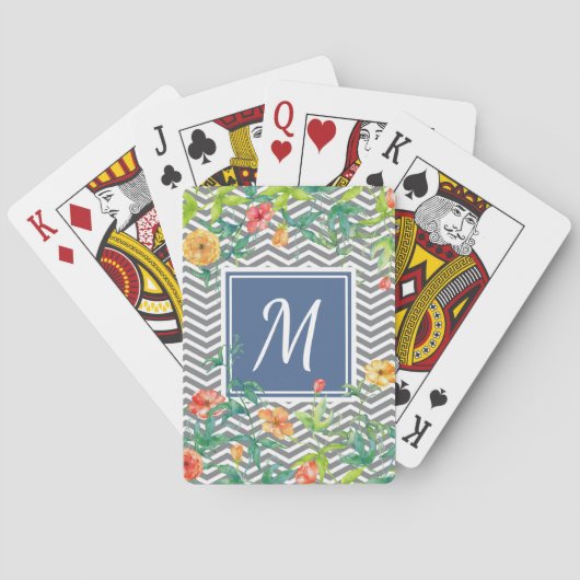 Jeu De Cartes Élégant Orange Floral Chevron Chic Blue Monogram (dos)