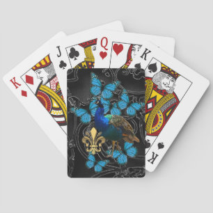 Jeu De Cartes Elégant Peacock et papillons bleus sur noir