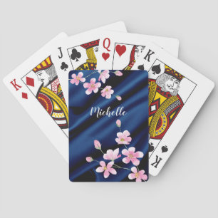 Jeu De Cartes Élégant rose Fleur Bleu Satin Personnalisé  