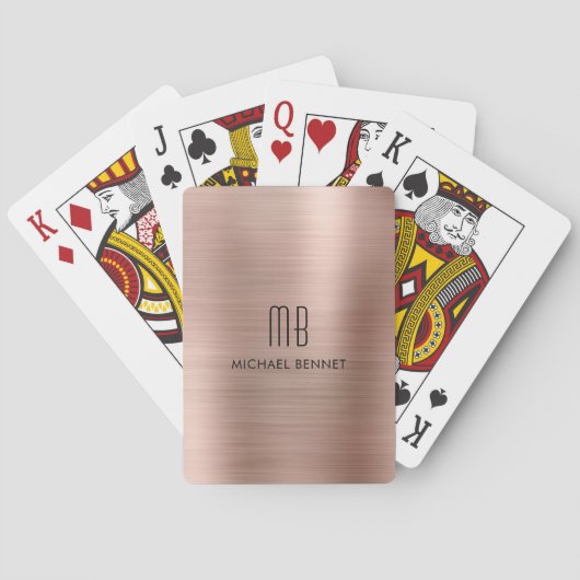 Jeu De Cartes Élégant Rose Or brossé Monogramme métallique Nom (dos)