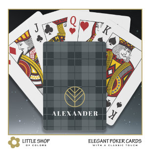 Jeu De Cartes Élégant Tartan à Carreaux Noir et Or Monogramme
