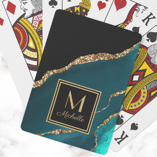 Jeu De Cartes Élégant Turquoise Noir Monogramme Or Nom initial