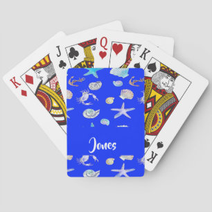 Jeu De Cartes Empreinte nautique de nom personnalisé en bleu