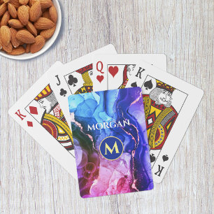 Jeu De Cartes Encre Liquide Bleu Violet Rouge-Violet, Monogramme