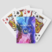 Jeu De Cartes Encre Liquide Violet Rouge Bleu, Monogramme & Nom (dos)