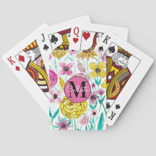 Jeu De Cartes Été rose Fleurs Jaunes Aquarelle Monogramme