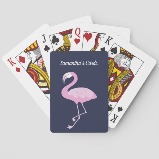 Jeu De Cartes Flamant rose rose sur bleu foncé violet avec nom (dos)