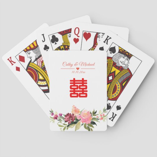 Jeu De Cartes Fleur aquarelle double bonheur mariage chinois (dos)