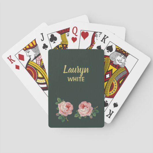 Jeu De Cartes Fleur rose et feuilles sur vert foncé (dos)
