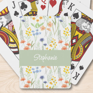 Jeu De Cartes Fleur sauvage aquarelle monogramme nom vert orange