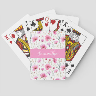 Jeu De Cartes Fleur Sauvage Rose Aquarelle Nom Personnalisé