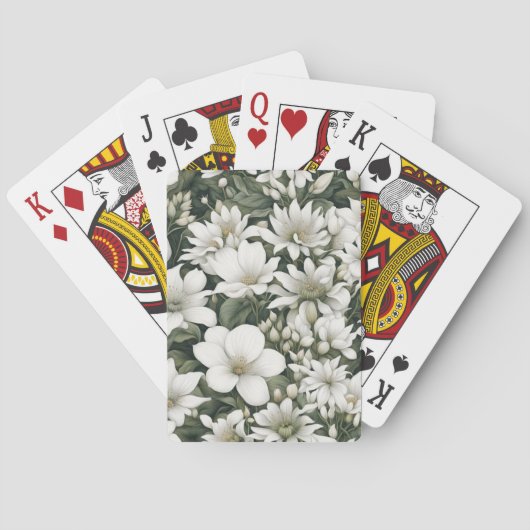 Jeu De Cartes Fleurs botaniques blanches sur feuilles vertes (dos)