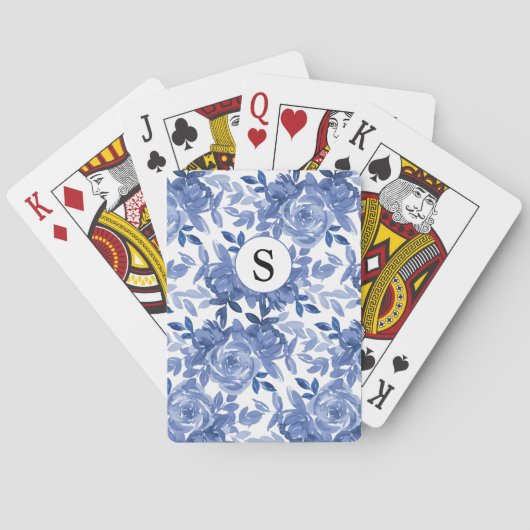 Jeu De Cartes Fleurs botaniques bleues Monogramme (dos)