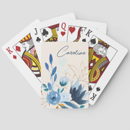 Jeu De Cartes Fleurs d'aquarelle bleu moderne Nom personnalisé (dos)