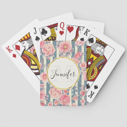 Jeu De Cartes Fleurs d'aquarelle rose sur bandes Monogramme (dos)