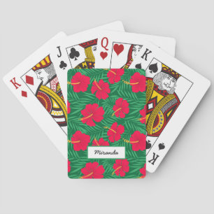 Jeu De Cartes Fleurs d'Hibiscus Rouge sur Feuilles Tropicales Pe