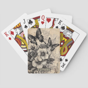 Jeu De Cartes Fleurs et papillons rustiques - Papier vieilli (10