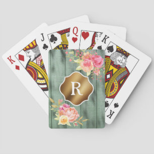 Jeu De Cartes Fleurs roses en monogramme doré sur bois vert rust