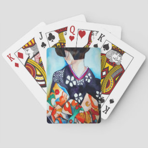 Jeu De Cartes Geisha avec kimono bleu foncé art original