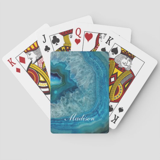 Jeu De Cartes Géode d'agate bleu turquoise Monogramme Nom (dos)