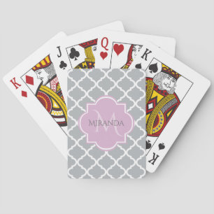 Jeu De Cartes Girl Grey Quatrefoil Lavender Monogramme et nom